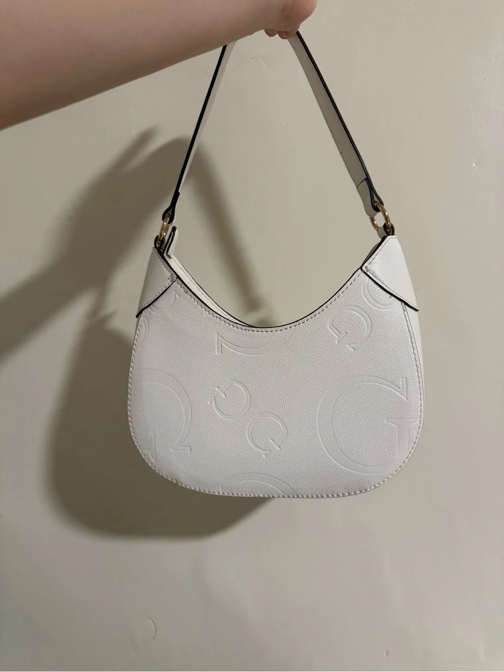 GUESS White Embossed Logo Hobo Shoulder Bag with Gold Hardware